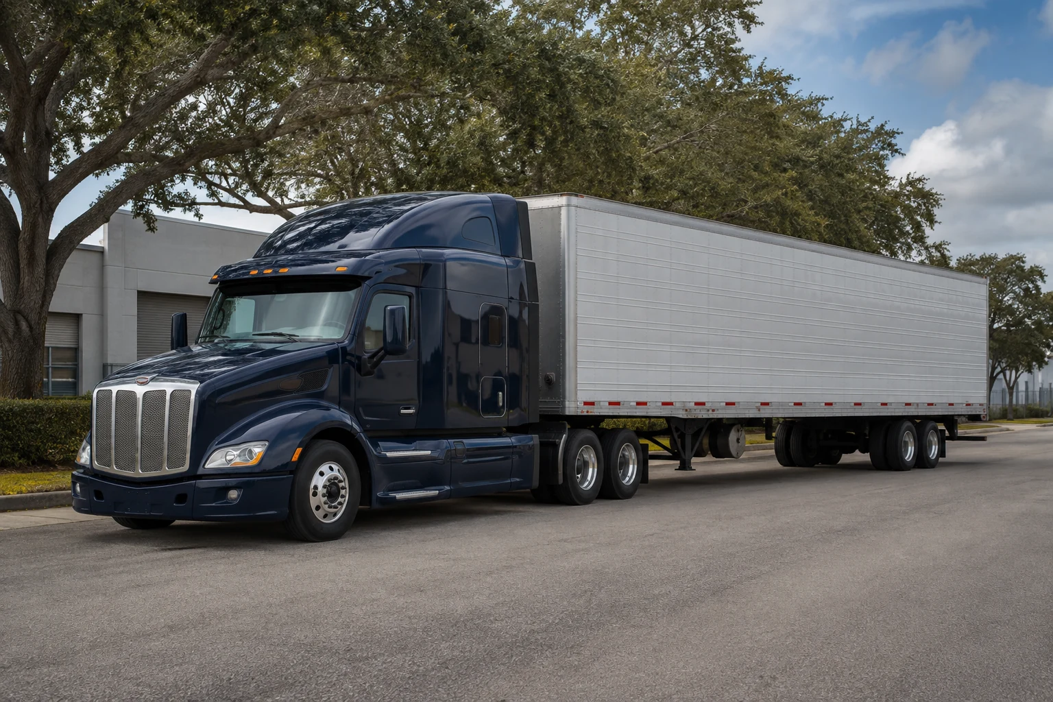 Navy tractor-trailer parked on a quiet Florida industrial street under live oak trees