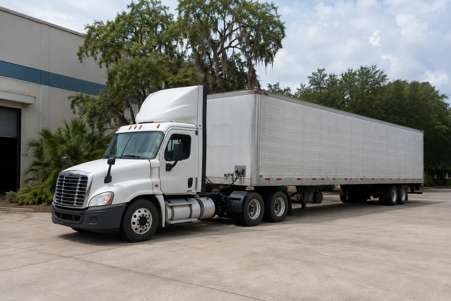 White tractor-trailer parked beside a warehouse and Florida live oak trees