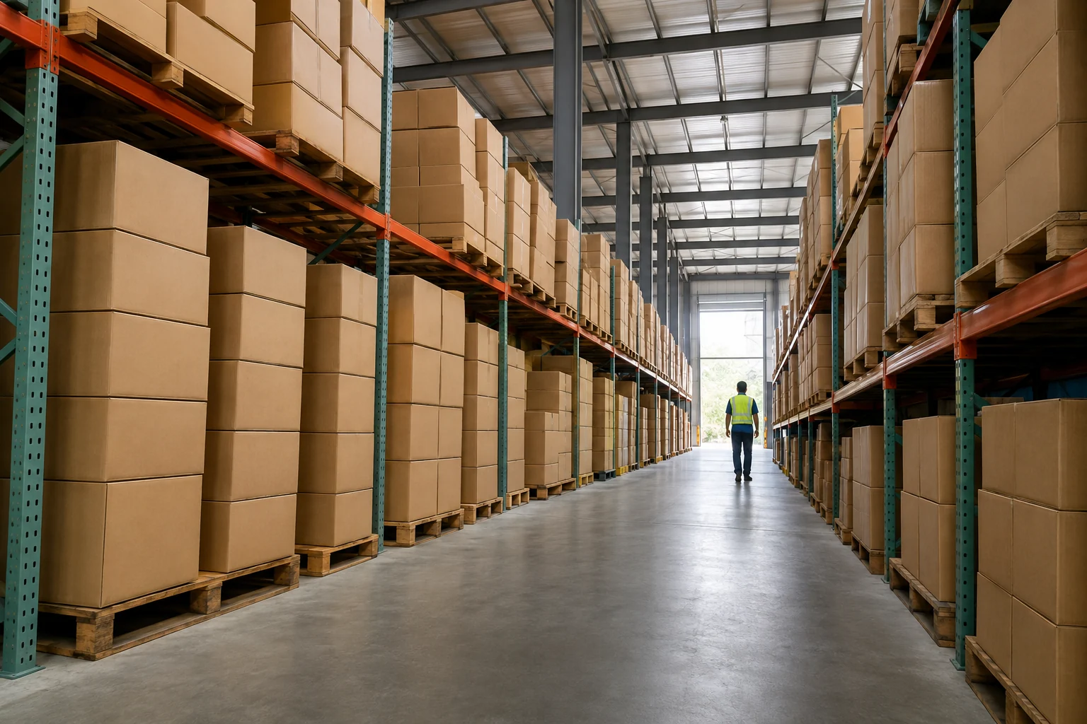 Warehouse aisle with steel racks, plain cartons and a worker in the distance