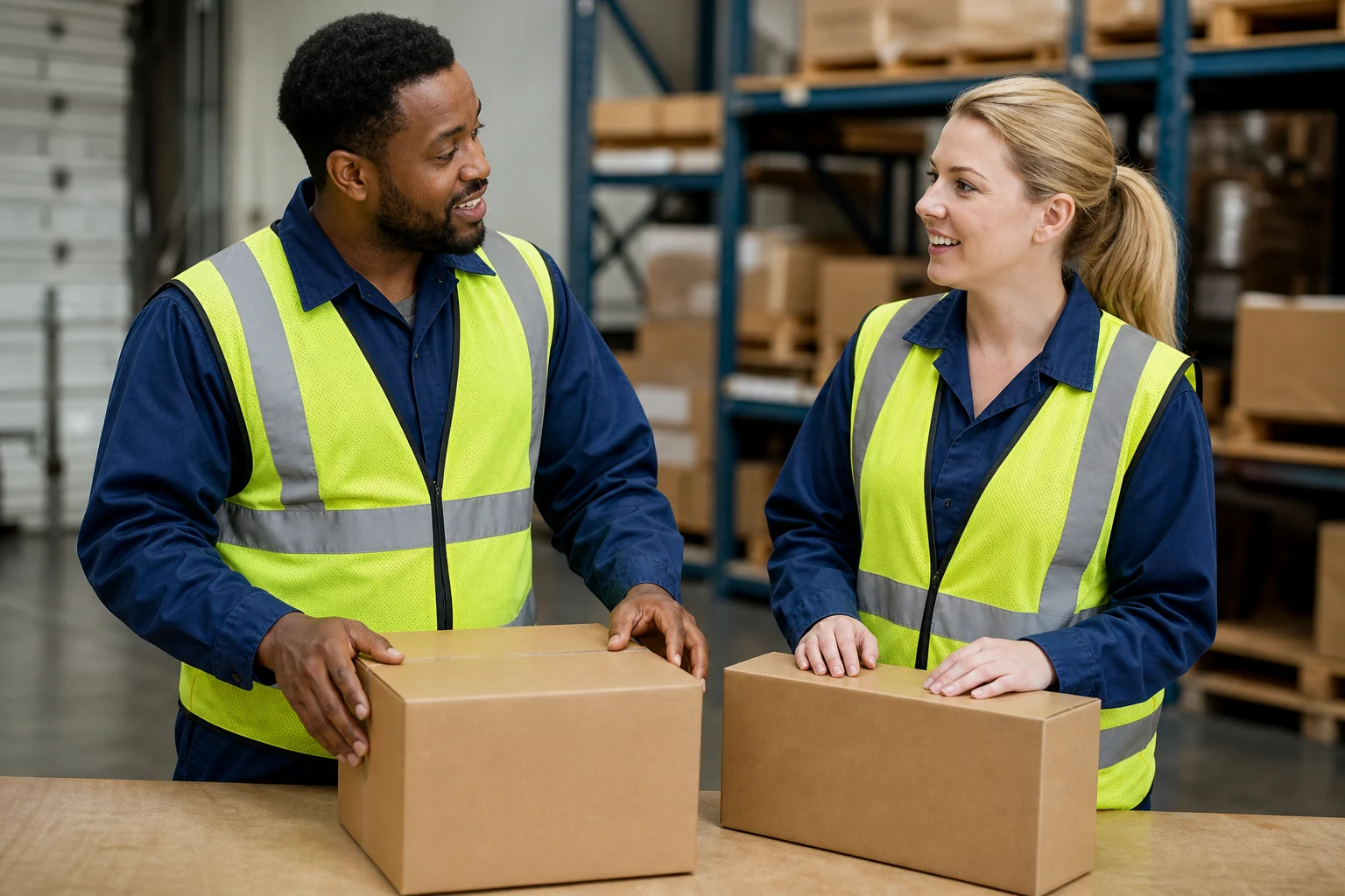 Two warehouse workers discussing plain cartons at a worktable